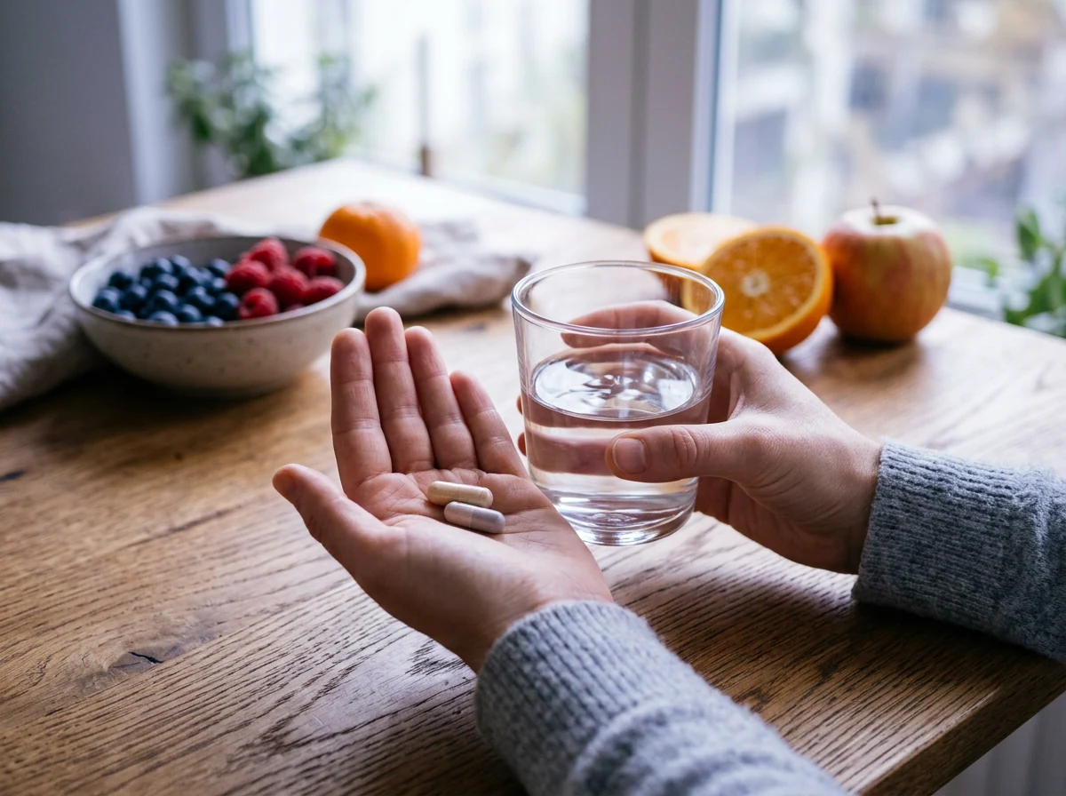 Handen met capsules en glas water - dagelijkse supplementroutine Ozalyn